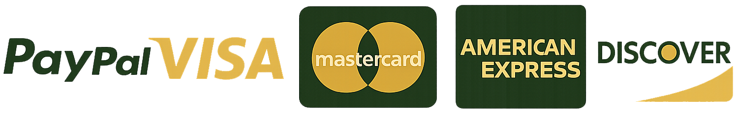 Secure payment icons including PayPal Visa Mastercard American Express and Discover.